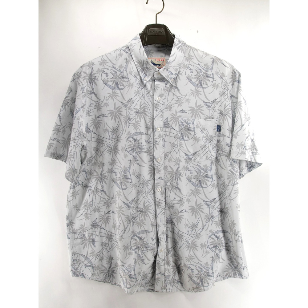 Huk Fishing Performance Button Up Mens XL Marlin & Mahi Palm Print Light Gray